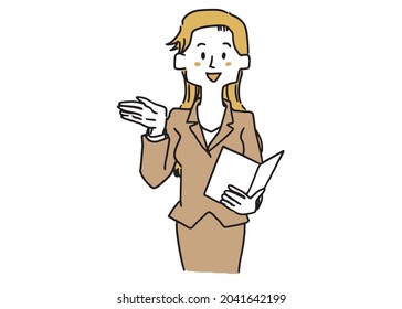 Business woman giving a presentation with materials in her hand