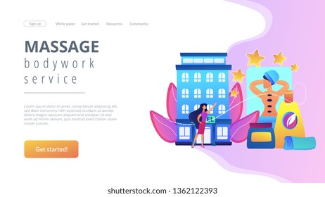 Business woman giving rating stars to hotel with spa and bodywork. Wellness and spa hotel, enjoyable lifestyle, massage and bodywork service concept. Website vibrant violet landing web page template.