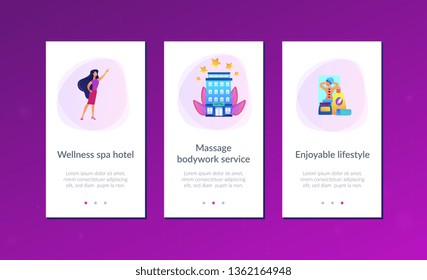 Mujer de negocios que da estrellas de categoría a hotel con spa y carrocería. Hotel spa y bienestar, estilo de vida agradable, servicio de masajes y cuidados corporales. Plantilla de interfaz de usuario de usuario de Mobile UX GUI, wireframe de interfaz de aplicación