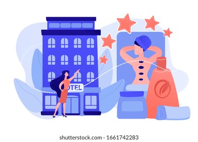 Business woman giving rating stars to hotel with spa and bodywork. Wellness and spa hotel, enjoyable lifestyle, massage and bodywork service concept. Pinkish coral bluevector isolated illustration