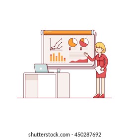 Business woman giving a speech showing sales and marketing statistics graphs on presentation screen near a desk with laptop. Flat style thin line vector illustration isolated on white background.