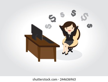 Business woman glad to be completed. She's thinking about the money that would have been.