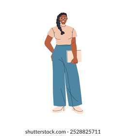 Mujer de negocios en gafas. Feliz empleada afroamericana, posando, sosteniendo un documento de oficina. Gerente ejecutivo de Profesional sonriendo. Ilustración vectorial plana aislada sobre fondo blanco