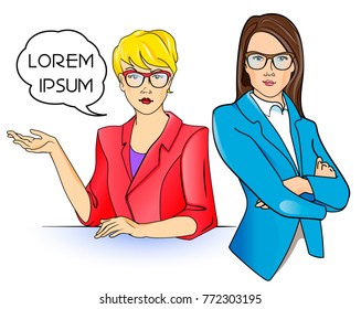 Business woman in glasses and jackets isolated on wight background, vector illustration. One lady demonstrates the product by hand and with speech bubble. The second beautiful girl folded her arms.