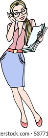 Business woman in glasses and a pile of paperwork in color
