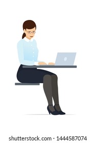 Business woman in a glasses and suit, working on a laptop computer. Flat style vector illustration