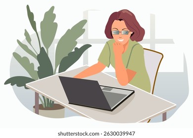 Business woman in glasses works on computer at table, houseplant, window. Concept of character at work.