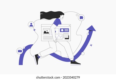 Business woman go with design and programming banner, website or social media promotion, seo specialist work on project. Flat style vctor illustration.