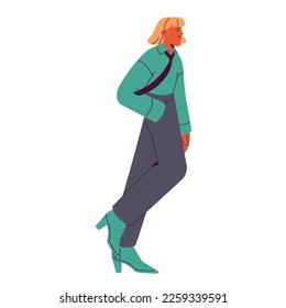 Business woman going to work. Modern businesswoman, employee walking, wearing menswear and heels. Young girl, office worker in shirt, tie, pants. Flat vector illustration isolated on white background