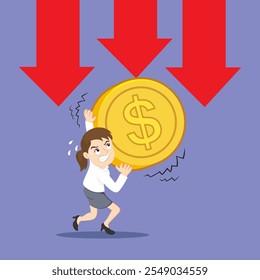  Business Woman With Gold Coin Arrow Down. Arrow Financial Crisis. Flat, Vector, Illustration, Cartoon, EPS10.   