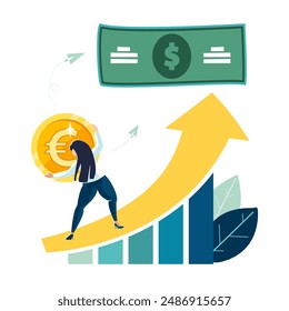 Business. Business woman with a gold coin climbs up an arrow on a financial dollar development chart. Histogram. Investment business profit growth, income, people, design. Vector illustration