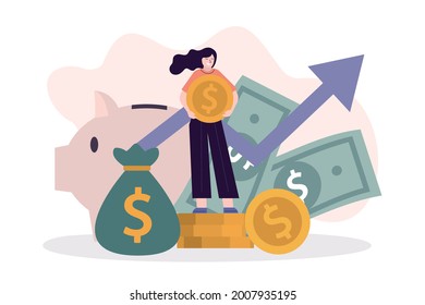 Business woman with gold coin invest money. Employee investing and saving cash. Girl save or hoard currency. Concept of investment, finance management and banking. Money deposit. Vector illustration