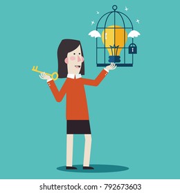 Business woman with golden key help unlock idea bulb from a cage. Business idea, development and strategy concept. New business project start up concept