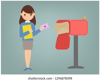 Business woman got love mail in red mailbox, flat design, vector