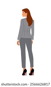 Business woman in gray formal suit standing rear view. Pretty lady boss wearing high heels turned back. Vector flat illustration isolated on white background