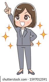 A business woman in a gray suit.She is full of motivation.