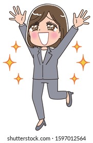 A business woman in a gray suit.She rejoices while jumping.