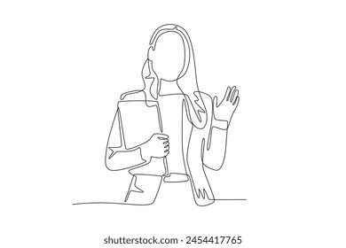 Business woman greeting while holding laptop. Business woman concept one-line drawing