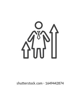 Business woman and growth chart arrows line icon. linear style sign for mobile concept and web design. Business growth woman outline vector icon. Symbol, logo illustration. Vector graphics