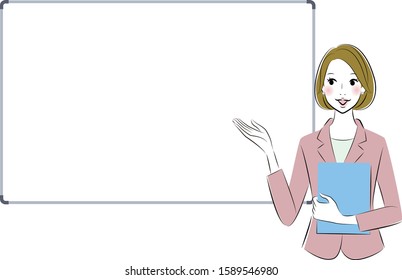 business woman is guiding with hand gesture in front of white board