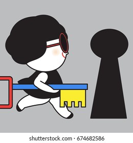 Business Woman Hand Holding Key To Insert And Unlock The Lock Concept Card Character illustration