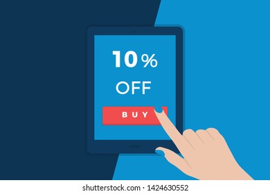 Business Woman Hand Pointing at Tablet with Sale Banner on Screen. Online Shopping Vector Concept. Flat Style Illustration 