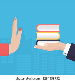 Business Woman Hand Refusing The Offered Books Illustration. Flat Design Style. Book Reading Concept. Rejection Gesture
