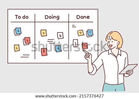 business woman hand writing with colored sheets sticky note paper on white board background in home office. To do, doing, done. Hand drawn style vector design illustrations.