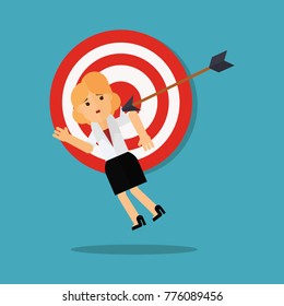 Business woman hanging on the dart board by arrow
