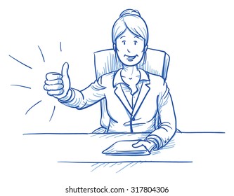 
Business woman, happy smiling boss or customer, sitting at her desk showing like, thumbs up, hand drawn doodle vector illustration
