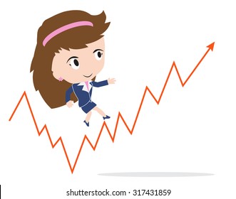 Business woman happy to walk and running up on the red arrow trend business growth to success, presented in vector form