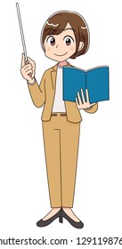 A business woman has a pointing stick and a book.