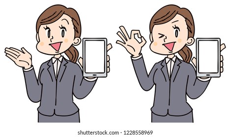 The business woman has a smartphone. While gesturing with hands.