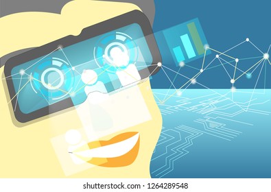 Business woman has vision to business success in the future pass eyeglass,data communication network and leadership technology concept with blue background,vector art and illustration.