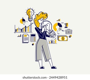 Business woman have a bright idea about development or new startup, light bulb solution in a hands of innovative entrepreneur, vector outline illustration.