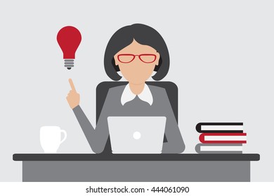 Business woman have an idea for startup with Eureka lamp in bubbletext. Flat design. EPS10 vector.