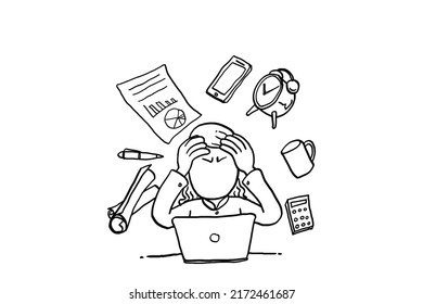 Business woman have lots of task to be done. Concept of multitasking and overthinking. Cartoon vector illustration design