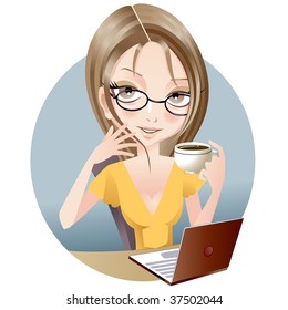 Business woman having coffee while working at her laptop.