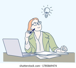 Business woman having a good idea. Hand drawn in thin line style, vector illustration.