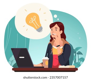 Business woman having thought or idea at work desk. Businesswoman person working on laptop computer at home office, light bulb. Creative freelance worker inspiration concept flat vector illustration