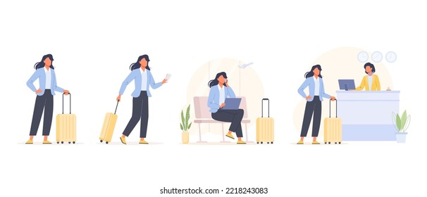Business woman having a business trip set. Female character walking with a suitcase and tickets, working at the laptop, talking on their phone at the airport, arriving hotel. Flat vector illustration