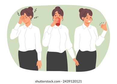 Business woman with headache or migraine drinks medicine and feels better, showing thumbs up gesture. Girl office clerk before and after taking headache pills, ready to start work.