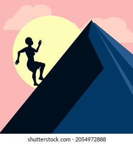 A business woman heading for the top - Ambitious woman running up mountain hill to reach the peak. Business aspiration and motivation concept. Business concept of growth and skill.