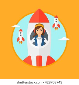 A business woman in headphones flying in the rocket. Successful business start up concept. Business rocket taking off. Vector flat design illustration in the circle isolated on background.