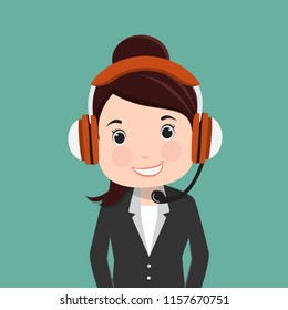 Business woman with headset character.Vector illustration.