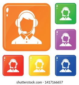 Business woman with headset icons set collection vector 6 color isolated on white background