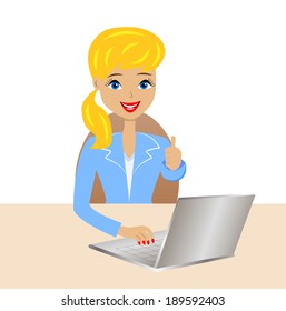 business woman heaved up a thumb upwards, showing a sign perfectly, vector illustration