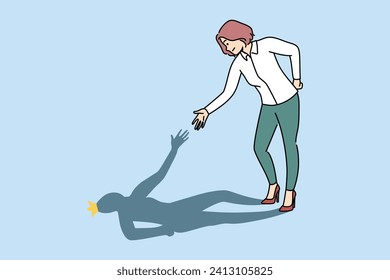 Business woman helps own shadow by demonstrating self-motivation and readiness to solve problems. Girl deals with troubles in business with resilience and restores self-confidence after failure.