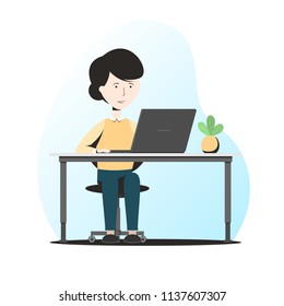 Business woman at her Desk working on the computer. Vector illustration in fashionable flat style isolated on white background