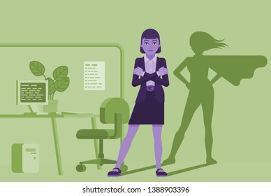 A business woman in her office revealed as super hero by her superhero silhouette shadow